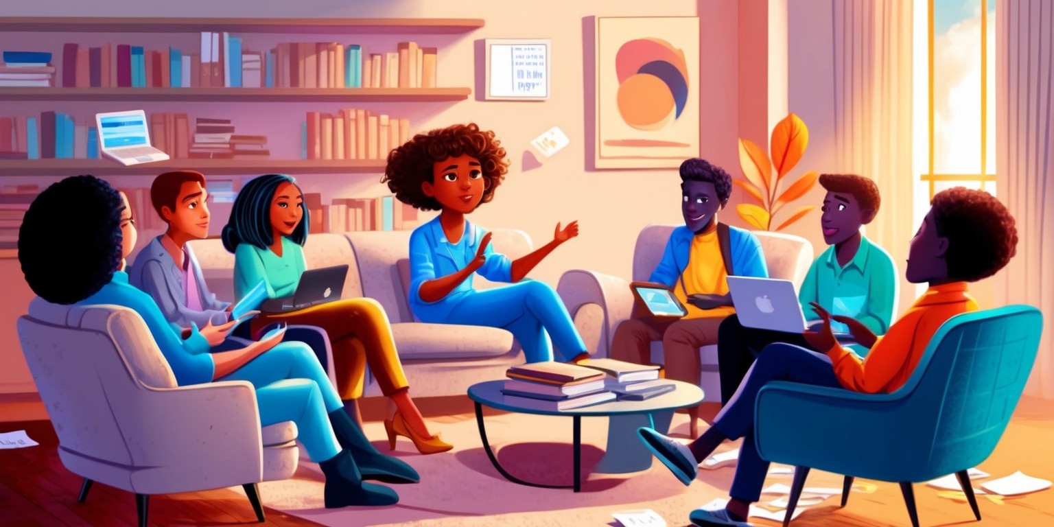 A warm and inviting illustration of a group of diverse individuals engaged in a lively ethics discussion, seated in a cozy, modern living room with comfortable sofas and armchairs, surrounded by shelves filled with books and scattered notes, with a few laptops and tablets open to streaming platforms, amidst a background of soft, calming colors such as beige, pale blue, and mauve, with warm golden lighting casting a sense of relaxation and intellectual curiosity, featuring a central figure with short, curly brown hair, bright brown skin, and a thoughtful expression, gesturing emphatically as they speak, with the other participants listening intently, their faces reflecting varying degrees of interest, concern, and agreement, the overall atmosphere exuding a sense of respectful debate and open-mindedness, with bold, expressive lines and vivid textures bringing the scene to life.