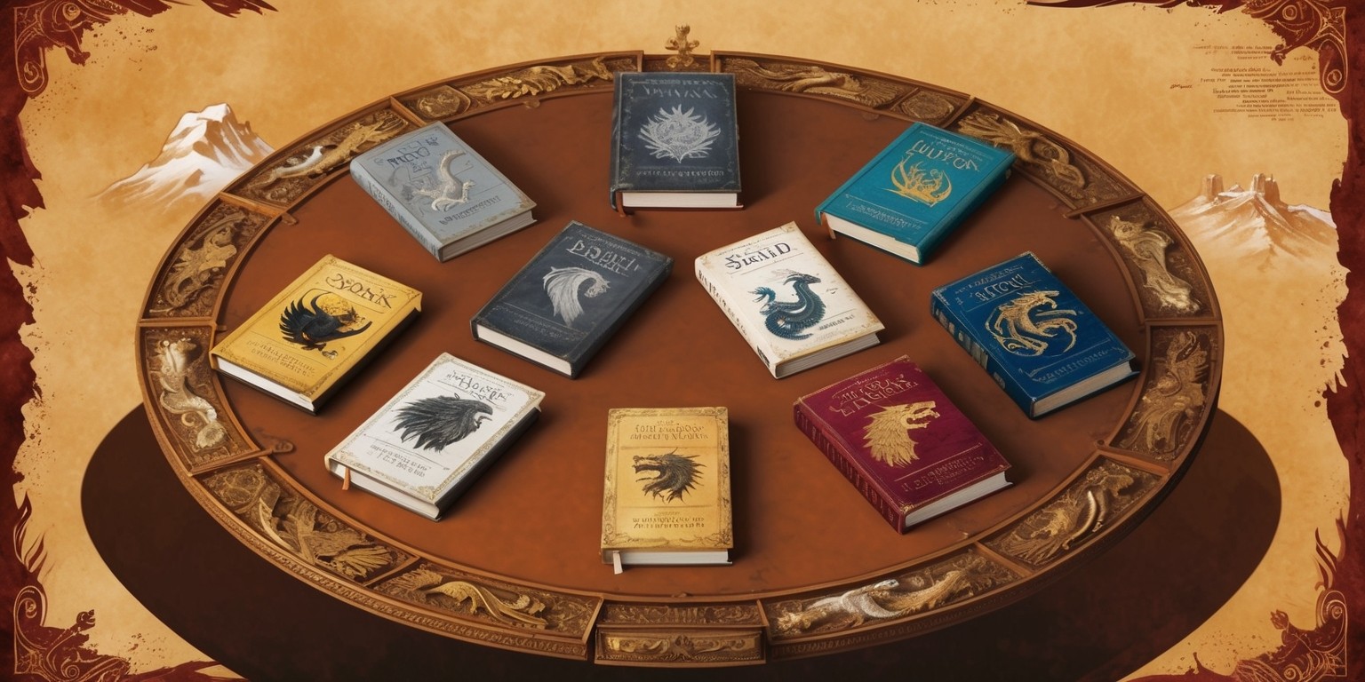 A majestic, sprawling illustration of the A Song of Ice and Fire book series, set against a warm, earthy background with subtle, weathered textures, evoking a sense of aged parchment or worn stone. The main focus is a grand, ornate wooden table, adorned with intricate carvings of mythical creatures and symbolic motifs from the series, such as direwolves, dragons, and the Iron Throne. Upon the table, the seven books of the series are arranged in a circular pattern, with each cover featuring its respective house sigil and colors, from the Stark's grey and white to the Lannister's gold and crimson. The books are worn and distressed, with yellowed pages and cracked spines, as if they have been passed down through generations. In the background, subtle hints of Westeros' landscapes and architecture are visible, such as the snowy mountains of the North, the Red Keep, and the cities of Meereen and Braavos, all rendered in a rich, detailed, and highly stylized manner with bold lines, vibrant colors, and ornate flourishes.