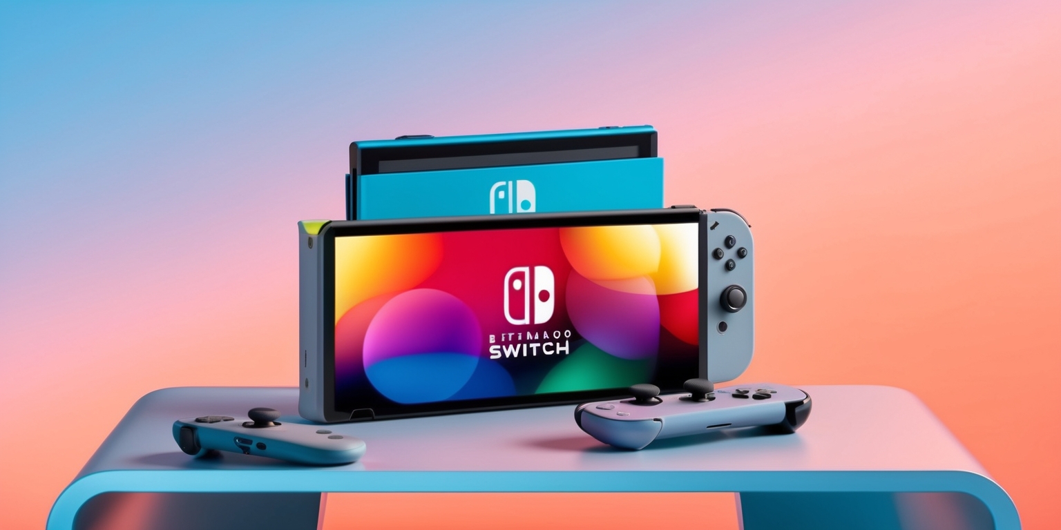 A sleek, futuristic Nintendo Switch 2 console sits atop a minimalist, modern gaming desk, with a vibrant, color-gradient background that shifts from soft blue to radiant orange, evoking a sense of innovation and excitement. The console's surface features a subtle, metallic sheen, with a smooth, rounded design and a vibrant, backlit Nintendo logo emblazoned on the top. A few gaming accessories, such as a wireless controller and a pair of sleek, noise-cancelling headphones, are tastefully arranged around the console, hinting at the immersive gaming experience it offers. In the foreground, a large, curved, high-resolution screen displays a vibrant, interactive interface, showcasing the console's advanced online features, including real-time voice and video chat, seamless screen sharing, and intuitive social features, all presented in a clean, modern font with bold, colorful icons and subtle, gradient effects.