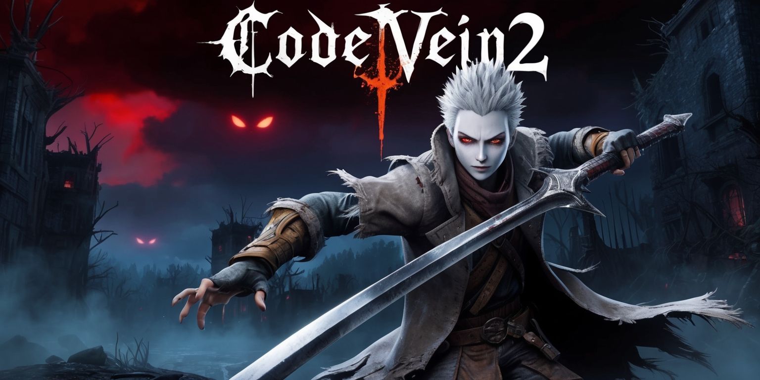 A dark fantasy action role-playing game scene from Code Vein 2 with a mysterious atmosphere, set in a dystopian world with ruined buildings and a dark red sky, featuring a revenant protagonist with pale skin and short spiky hair, wearing a tattered coat and wielding a massive sword, standing in front of a eerie misty forest with glowing red eyes in the distance, the game's logo is emblazoned in bold gothic letters at the top of the image, with a color palette of deep blues and purples, and accents of fiery oranges and yellows, the overall style is a mix of anime and western comic book elements, with dynamic poses and dramatic lighting, the revenant's face is determined and fierce, with a strong jawline and piercing eyes.