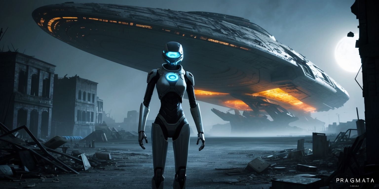 A futuristic sci-fi scene from the Pragmata game, featuring a sleek and advanced robotic character with a glowing blue core, standing in a desolate and dimly lit urban environment with crumbling buildings and debris scattered around, the character's metallic body reflecting the faint moonlight, with a massive and ominous spaceship looming in the background, its hull etched with intricate details and pulsing with a vibrant orange glow, the overall atmosphere is one of mystery and tension, with a subtle gradient of deep blues and grays dominating the color palette, and the character's face is obscured by a metallic helmet with a dark visor, adding to the sense of enigma and intrigue.