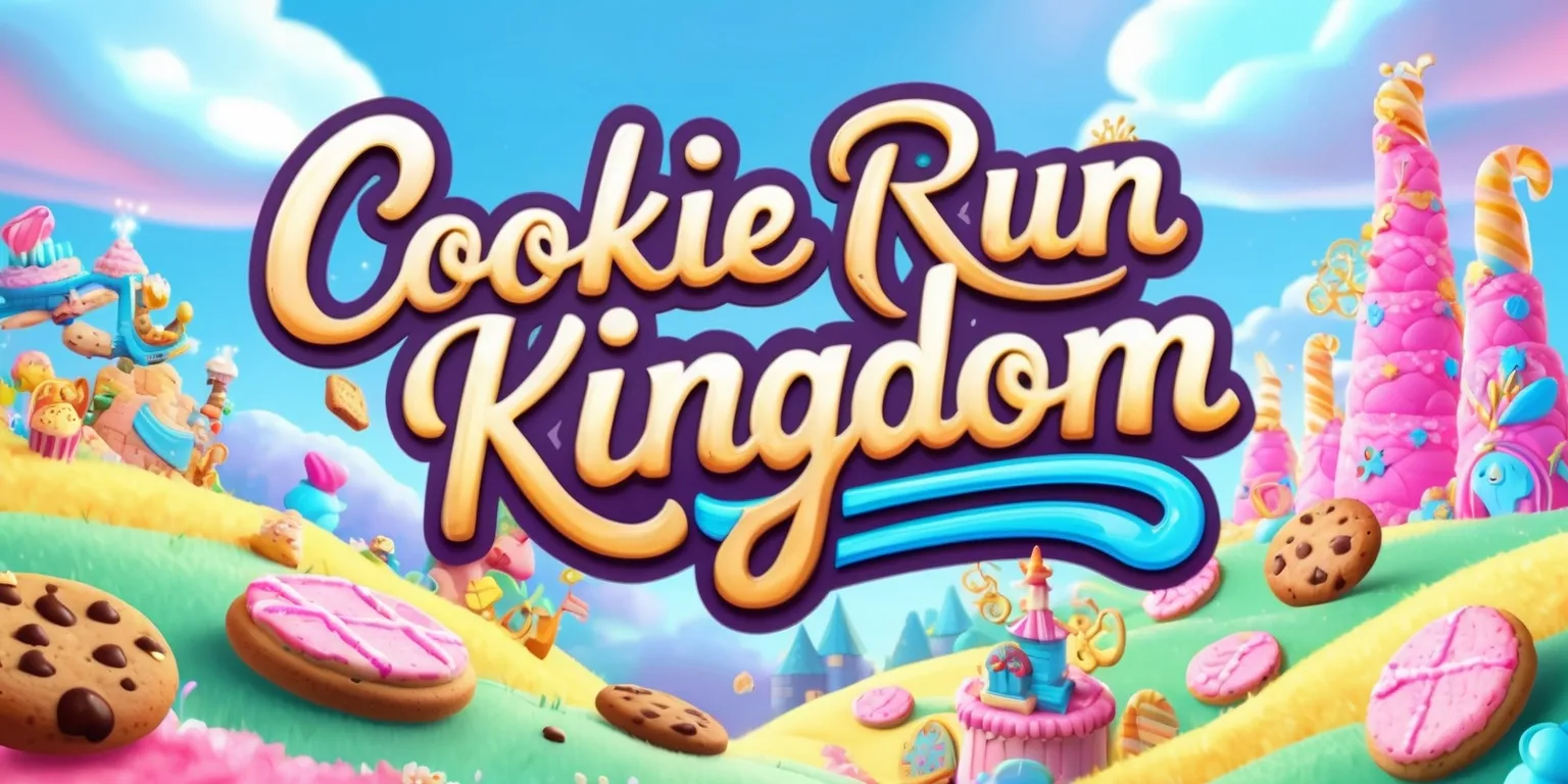 A vibrant digital illustration of the Cookie Run Kingdom game, featuring a VIVID color palette with pastel hues of pink, blue, and yellow, showcasing the game's whimsical and fantastical world, with intricate details of cookies, treasures, and magical creatures, set against a soft, gradient blue sky with fluffy white clouds, and incorporating stylized, cursive font text with golden accents, highlighting the game's title Cookie Run Kingdom in bold, curly letters, with a sense of movement and energy, as if the cookies are about to come to life, amidst a beautiful, dreamy landscape with rolling hills and towering candy structures.