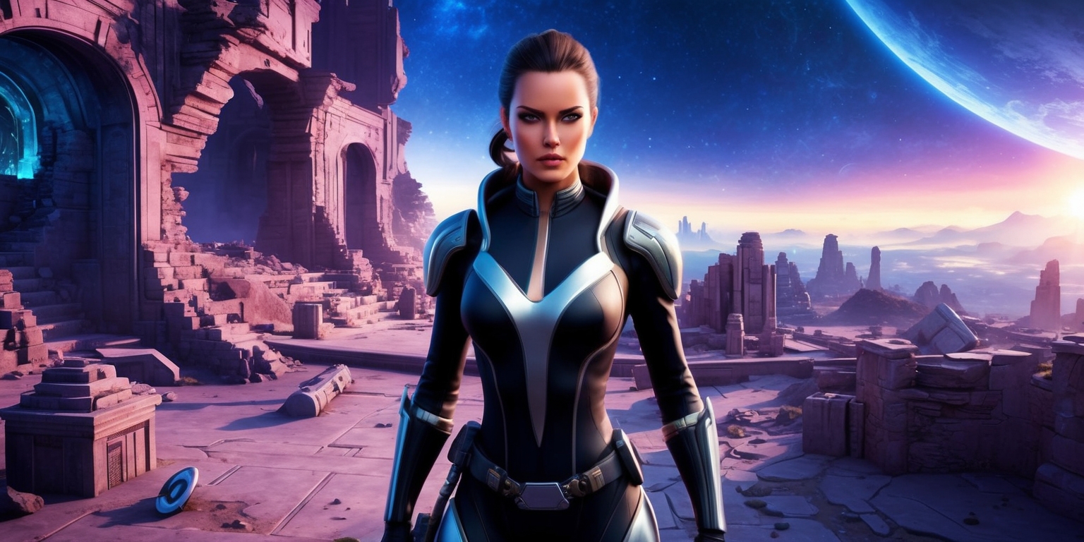 A majestic heroine with striking facial features and a determined expression, dressed in a sleek black and silver spacesuit, stands amidst the ruins of an ancient alien city, with crumbling structures and mysterious artifacts scattered around her, as she navigates through a labyrinthine pathway, solving intricate puzzles and uncovering the secrets of a long-lost civilization, set against a breathtaking backdrop of a distant planet's celestial landscape, with a vibrant color palette of deep blues and purples, and an otherworldly glow illuminating the scene, as she embarks on an immersive, exploration-driven sci-fi action-adventure journey, with her trusty equipment and tools at her side, ready to face the challenges of the unknown.