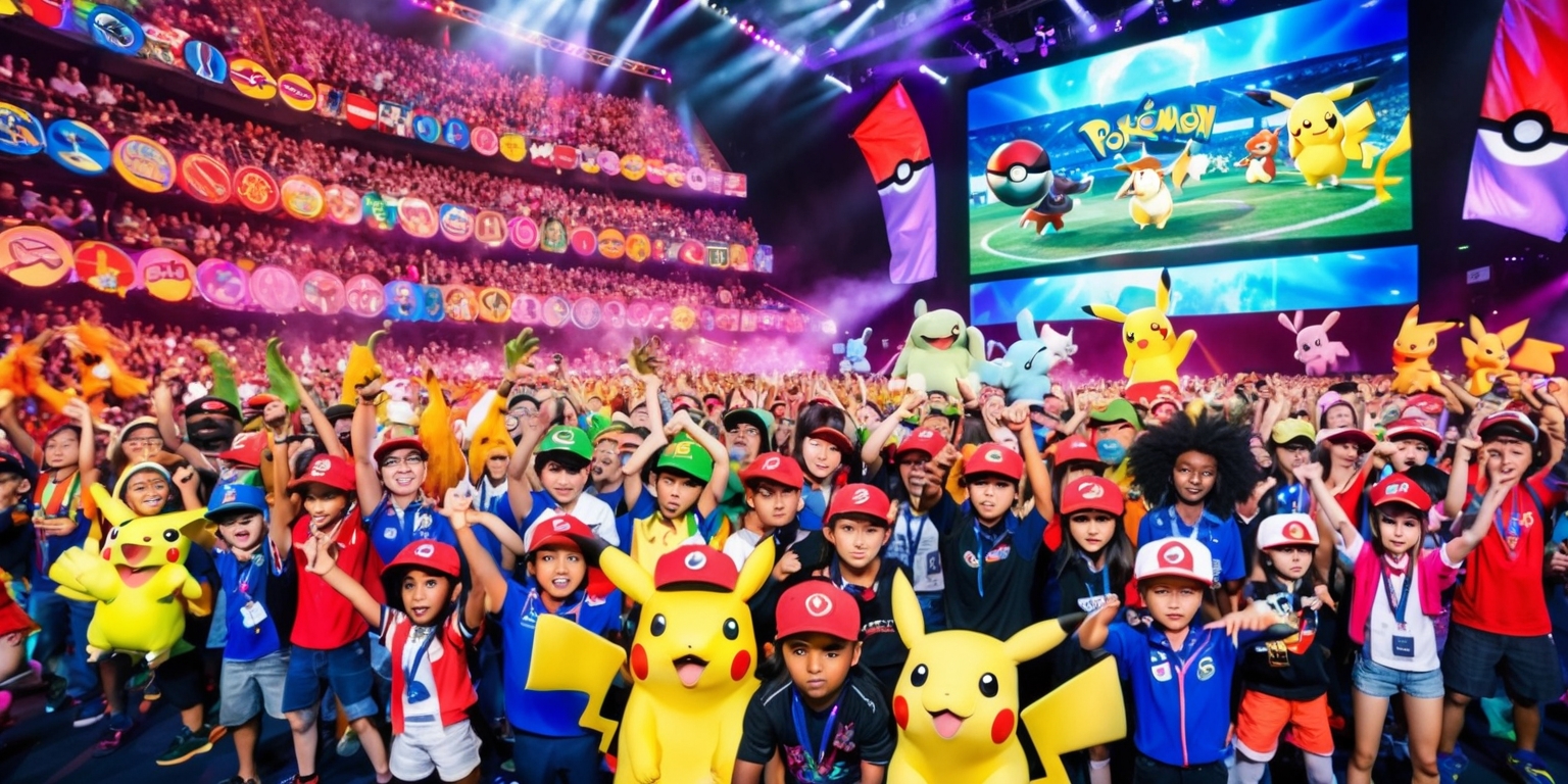 A vibrant and lively scene depicting the Pokémon World Championship event, with a large crowd of excited fans of diverse age and skin color, all cheering and holding Pokémon-themed signs and banners in a variety of bright colors, set against a backdrop of a massive stage with a large screen displaying Pokémon battles, the stage itself adorned with Pokémon logos and trophies, and a group of talented young trainers with determined facial expressions, standing confidently with their Pokémon, including a few recognizable characters such as Pikachu and Charizard, all bathed in a warm and energetic light, with flashes of cameras and spotlights illuminating the scene, and a sea of Pokémon-themed merchandise and vendors in the surrounding area, capturing the electric atmosphere of competition and camaraderie.