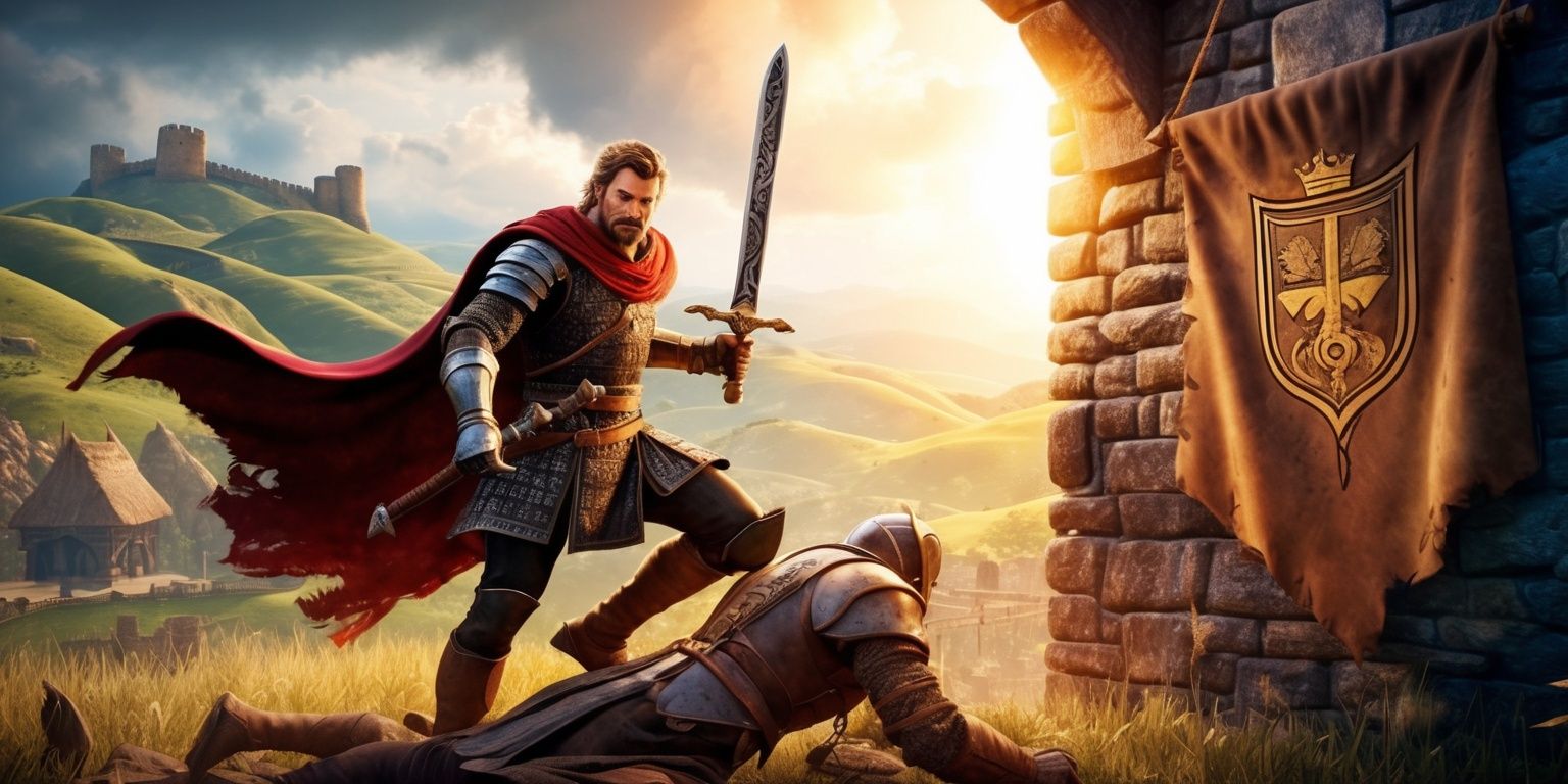 A dramatic scene from a period action-adventure game set in a mystical medieval landscape with rolling hills and a fortress in the background, featuring a brave warrior with a strong facial structure, determined eyes, and a muscular build, wearing a suit of armor with a crimson cloak flowing behind, holding a sword with intricate designs, standing triumphantly over a defeated enemy, with a warm golden light casting a glow over the scene, and a sense of epic storytelling conveyed through the intense atmosphere, with the game's logo, a stylized font with a regal crest, embossed on a worn leather banner hanging from the fortress wall.