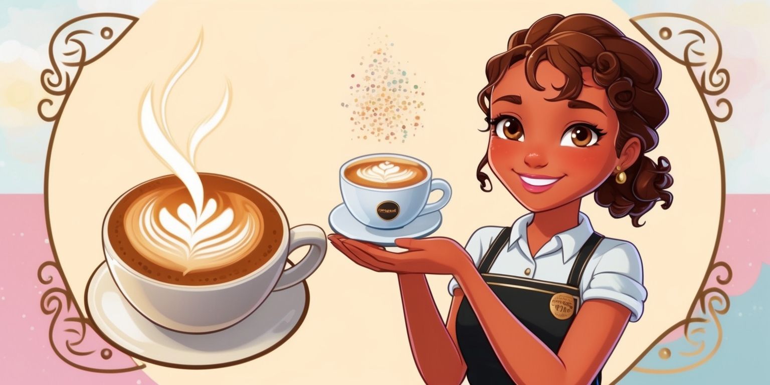 A whimsical digital illustration of a Latte Magic game character, depicted as a cheerful young woman with warm brown skin, bright hazel eyes, and curly chestnut hair, wearing a barista apron with a golden name tag, set against a soft creamy background with pastel colors, featuring a steaming latte cup with a sprinkle of magic sparkles, the character's facial expression is a gentle smile, with a few loose strands of hair framing her face, her apron is adorned with a small embroidered logo of a coffee cup, the overall style is reminiscent of anime and manga, with bold lines, vibrant colors, and a sense of dynamic movement, the character's hands are gently cradling the latte cup, as if presenting it to the viewer.