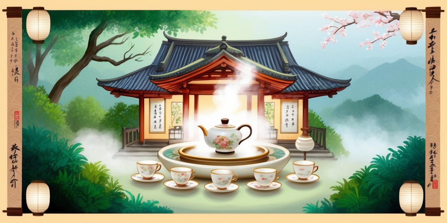 A serene illustration of a traditional Japanese tea house surrounded by lush greenery, with steam rising from a delicate ceramic teapot at the center, surrounded by intricately designed tea cups and saucers, amidst a subtle hint of mist. The atmosphere is tranquil, with warm golden lighting and soft, feathery brushstrokes evoking a sense of peace and contemplation. In the background, a subtle gradient of blue and green hues suggests a misty mountain range, with a few Cherry blossom trees blooming in the distance. The tea house itself is adorned with traditional Japanese lanterns and subtle textile patterns, with a few elegant scrolls and calligraphy adorning the walls. The entire scene is framed by a subtle ornate border, with intricate wooden carvings and delicate paper lanterns, inviting the viewer to step into a world of calm and serenity.