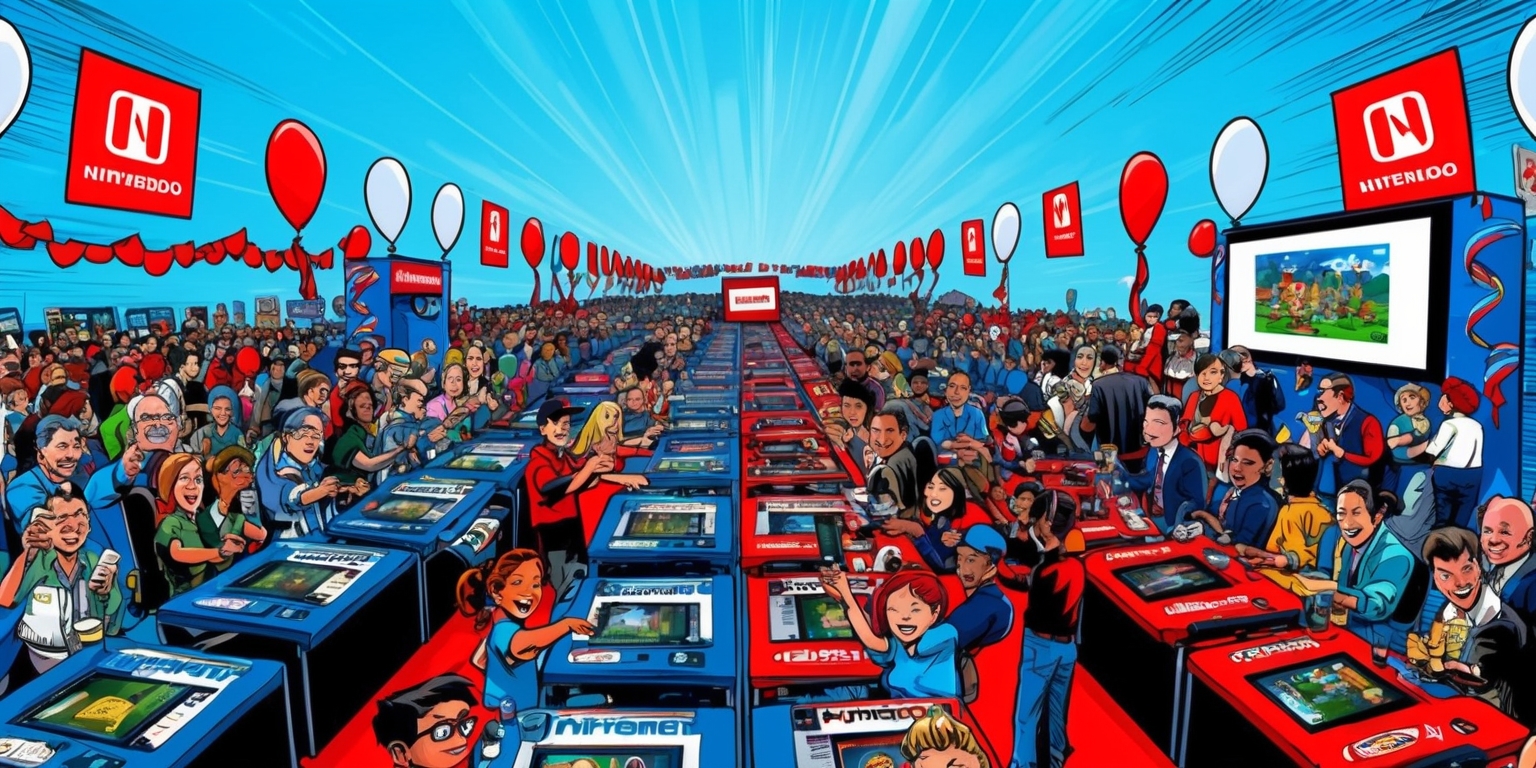 A vibrant and colorful illustration depicting a bustling Nintendo promotional event, set against a bright blue background with subtle gradient effects, evoking a sense of excitement and energy. The scene features a crowded convention center floor with rows of gaming stations, each with a different Nintendo console and game on display. Attendees of diverse age, gender, and ethnicity are shown enthusiastically playing games, taking photos, and interacting with Nintendo representatives, all with big smiles and joyful expressions. Noticeable details include the iconic Nintendo logo prominently displayed on banners and booths, with matching red and white balloons and streamers adding to the festive atmosphere. To the side, a large screen displays a popular Nintendo game's trailer, captivating the crowd's attention. The overall style is reminiscent of a dynamic, comic book-inspired artwork, with bold lines, vivid colors, and a sense of movement and dynamic energy.
