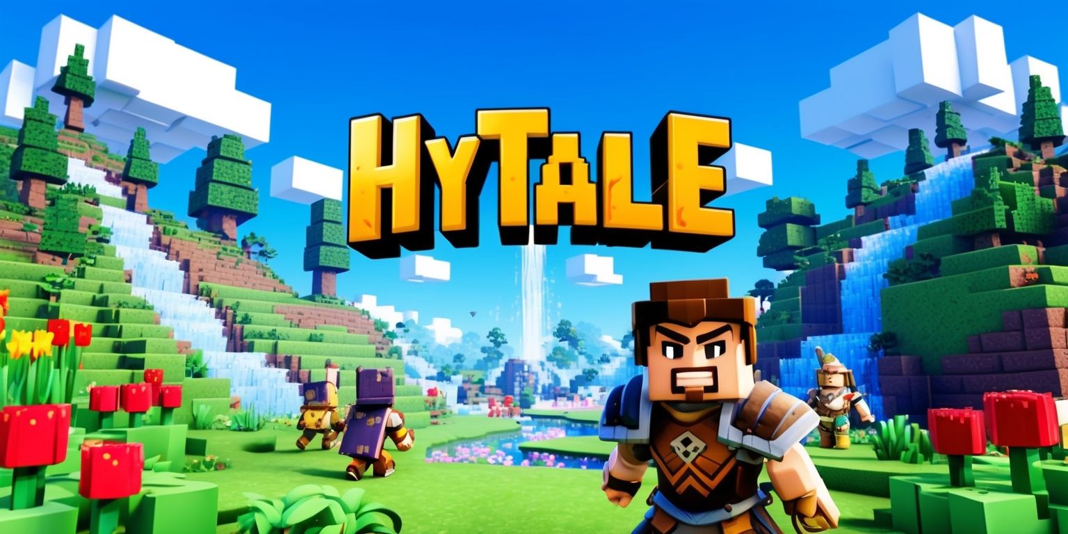 A vibrant and detailed scene from the Hytale game, featuring a blocky, pixelated landscape with rolling hills, towering trees, and sparkling waterfalls, set against a bright blue sky with puffy white clouds, with characters and creatures from the game roaming freely, including a brave warrior with a strong facial expression, medium skin tone, and unique armor, standing heroically in the foreground, surrounded by lush greenery and colorful flowers, with the Hytale logo prominently displayed in bold, golden font, with intricate details and textures, and a sense of adventure and excitement emanating from the scene.