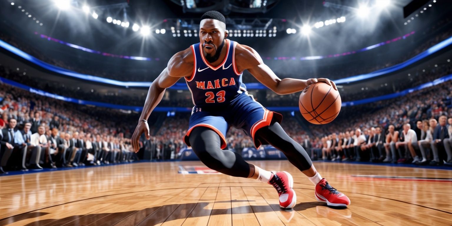 NBA 2K27 basketball video game scene, photorealistic next-generation sports graphics, an intense professional basketball player driving toward the hoop during a packed arena game, detailed athletic physique, expressive focused face, realistic skin texture, sweat, dynamic motion, polished hardwood court with reflections, dramatic arena spotlights, cheering crowd softly blurred in the background, vivid team uniforms, visible basketball, cinematic low-angle composition, sharp subject focus, energetic atmosphere, high contrast lighting, authentic broadcast-style presentation, ultra-detailed textures, immersive depth of field, premium game promotional artwork