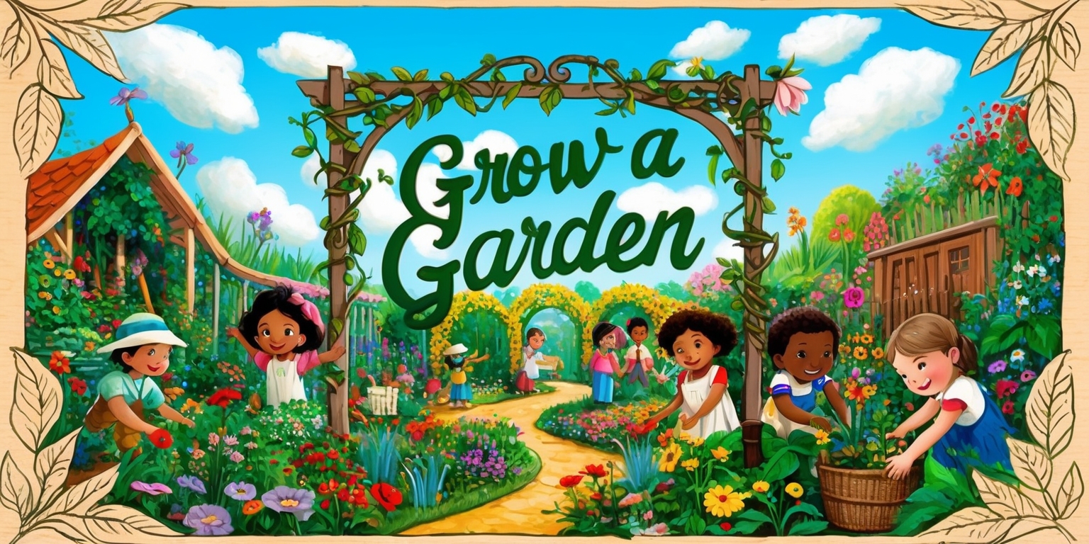A vibrant, whimsical illustration of a fantastical garden filled with colorful flowers, lush greenery, and hidden pathways, set against a bright blue sky with fluffy white clouds. In the center, a large, ornate trellis bears the words Grow a Garden in bold, cursive script with leaves and vines twirling around the letters. The garden's inhabitants, a group of diverse, joyful children, are scattered throughout, tending to plants, watering flowers, and admiring their handiwork. Each child has unique facial features, skin tones, and hairstyles, with some wearing garden hats or carrying baskets. The illustration style is reminiscent of classic children's book art, with bold lines, expressive brushstrokes, and textured, paper-like surfaces. The entire scene is framed by a delicate, hand-drawn wooden border, adorned with intricate carvings of leaves and flowers.