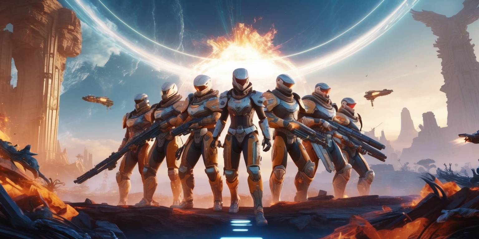 A vibrant, futuristic scene depicting a pivotal moment in a Destiny 2 event, set against a backdrop of a ravaged, celestial-inspired landscape with towering, ancient structures in the distance, illuminated by a warm, golden light. In the foreground, a cluster of Guardians, each with unique armor sets and weapons, stand together, united against an unseen threat, their determined facial expressions and focused gazes conveying a sense of urgency and camaraderie. The atmosphere is intense, with hints of smoke, flames, and energy projectiles scattered throughout the environment, as if the very fabric of reality is unraveling. The color palette is a mix of deep blues, fiery oranges, and gleaming silvers, with subtle, neon-lit accents highlighting the Guardians' advanced technology. In the sky, a massive, glowing portal pulsates with an otherworldly energy, drawing the Guardians, and the viewer, into the heart of the action.