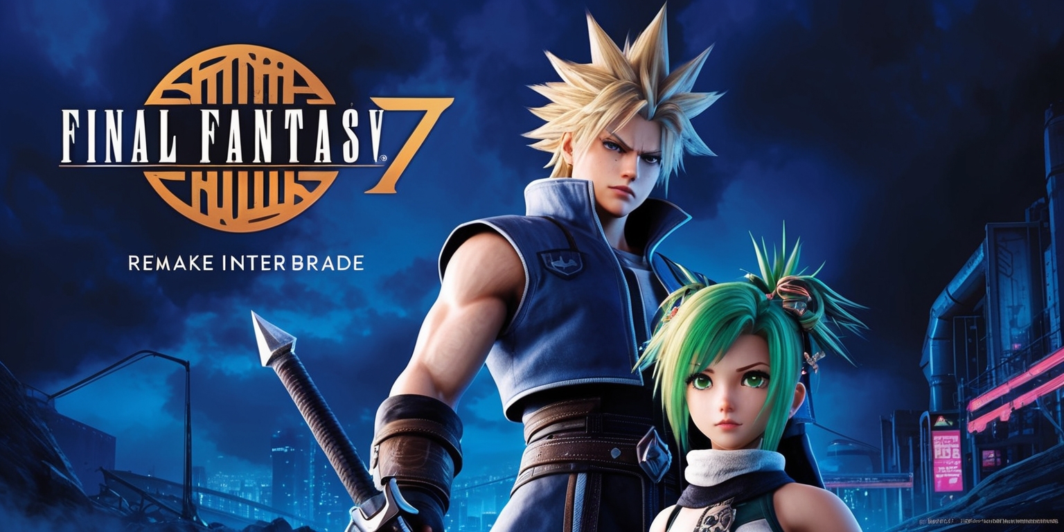 A vibrant digital illustration of the Final Fantasy 7 Remake Intergrade game, set against a dark blue atmospheric background with subtle cloud textures, showcasing the main protagonist Cloud Strife in the foreground, donning his iconic Buster Sword and attire, with a determined expression on his pale skin, angular facial features, and spiky blond hair. Beside him stands his ally, Yuffie Kisaragi, with her signature materia-infused hair ornaments, bright green eyes, and agile physique. In the distance, the cityscape of Midgar looms, with its stark, industrial architecture and neon-lit streets. The game's logo, featuring the bold, golden font and logo design, is emblazoned across the top of the image in a curved banner, with the words Remake Intergrade written in a sleek, modern typeface beneath. The overall art style blends realistic textures with stylized, manga-inspired characters, evoking a sense of action-packed drama and fantasy.