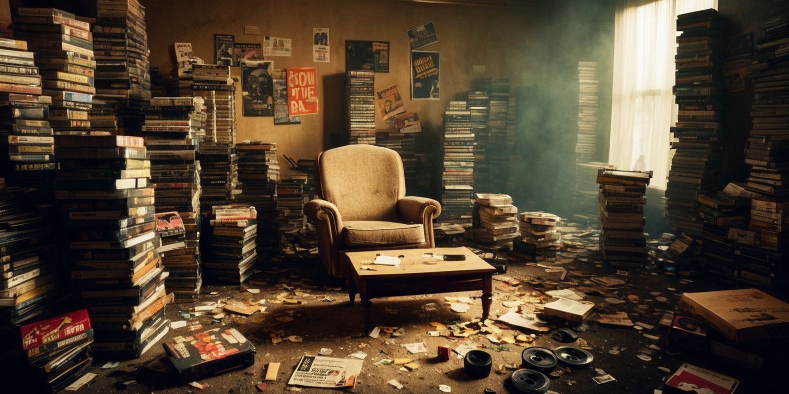 A dimly lit, cluttered room filled with stacks of dusty VHS tapes, scattered movie posters, and old film reels, with a worn-out armchair and a coffee table in the center, surrounded by empty pizza boxes, soda cans, and crumpled upMovie ticket stubs, evoking a sense of nostalgia and filmmaking chaos, with a warm, golden color palette and soft, cinematic lighting, as if the room itself is a character in a movie, with hints of cigarette smoke and stale air lingering in the atmosphere, inviting the viewer to step into the world of a cinephile.