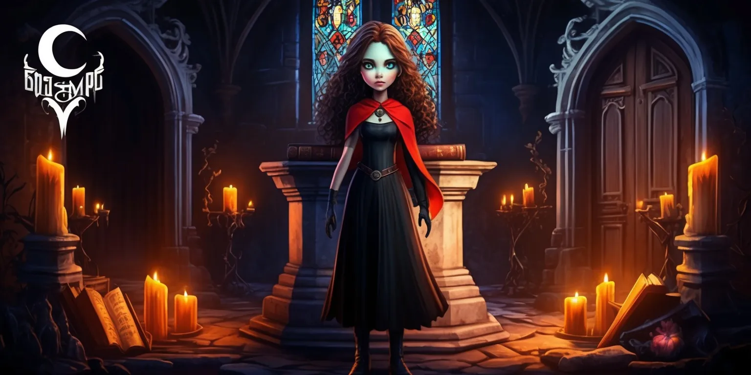 A dark and mysterious digital illustration of a Gothic Adventure game scene, set in a hauntingly beautiful abandoned castle with intricate stone carvings, stained glass windows, and a grand wooden door, featuring a brave young female protagonist with long curly brown hair, piercing green eyes, and pale skin, wearing a flowing black dress with a red cape, standing in front of a massive stone pedestal with an ancient leather-bound book, surrounded by flickering candles and mysterious artifacts, with a subtle misty atmosphere, warm golden lighting, and a sense of eerie anticipation, in a fantasy style with bold lines, vibrant colors, and dramatic shading, with the game's logo, a stylized gothic font with a crescent moon symbol, emblazoned on the top left corner of the image.