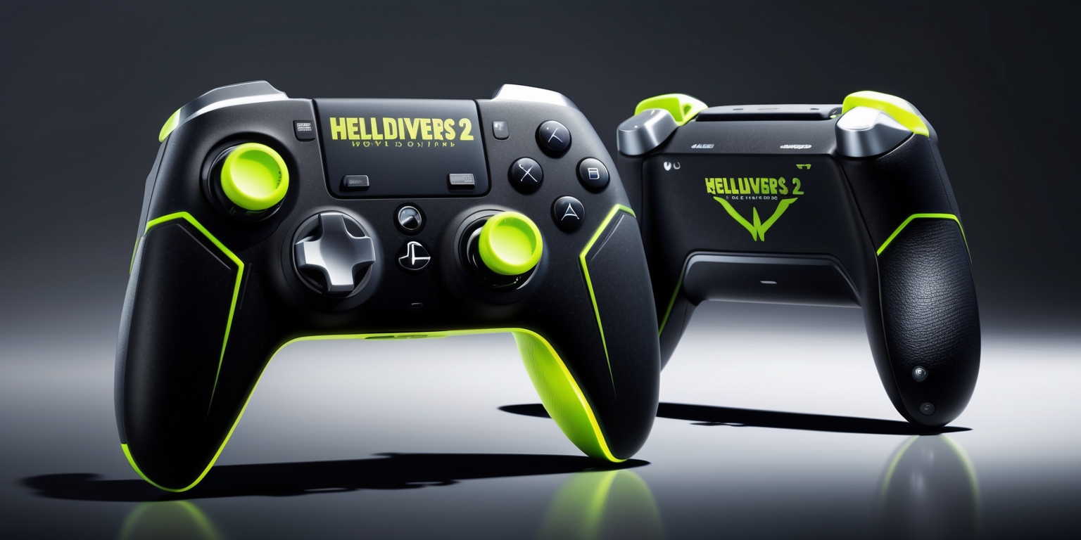 A highly detailed illustration of the Helldivers 2 Limited Edition DualSense controller on a sleek, dark gray backgrounds, subtly gradiented to showcase the controller's intricate design elements. The controller itself features a predominantly matte black finish with neon green accents and metallic silver trims, accompanied by the Helldivers 2 logo emblazoned on the touchpad in a bold, futuristic font with clean lines and angular shapes. The controller's buttons, analog sticks, and directional pad are rendered in high fidelity, with subtle wear and tear to convey a sense of realism. The entire setup is dramatically lit from the top-left, casting a faint shadow on the background and accentuating the controller's contours. The overall aesthetic is a blend of sci-fi and militaristic elements, reflecting the game's tone and atmosphere.