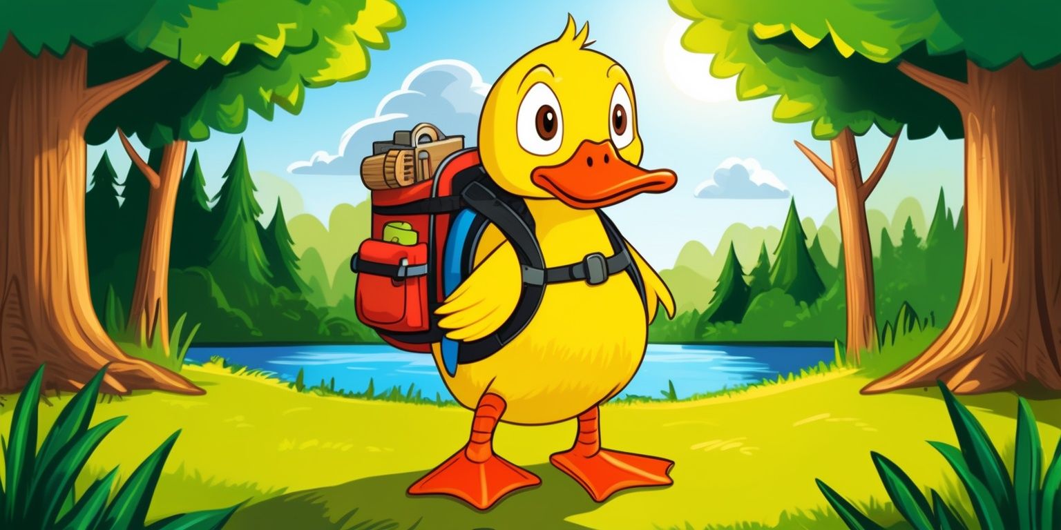 A vibrant, colorful illustration of a duck in a survival game setting, with the duck standing in the center, surrounded by a lush green forest, a few trees with trunks and branches, and a body of water in the background, the duck has bright yellow feathers, orange beak, and webbed feet, with a determined expression on its face, the duck is holding a small backpack full of supplies, and wearing a tiny life jacket, the sun is shining down, casting a warm glow over the scene, with a few puffy white clouds in the sky, and a subtle hint of mist rising from the water, the overall style is reminiscent of a cartoonish, fantastical world, with bold lines, and textured brushstrokes, the duck's eyes are a bright, shiny brown, and its feathers are slightly ruffled, as if it has just been through a challenging adventure.