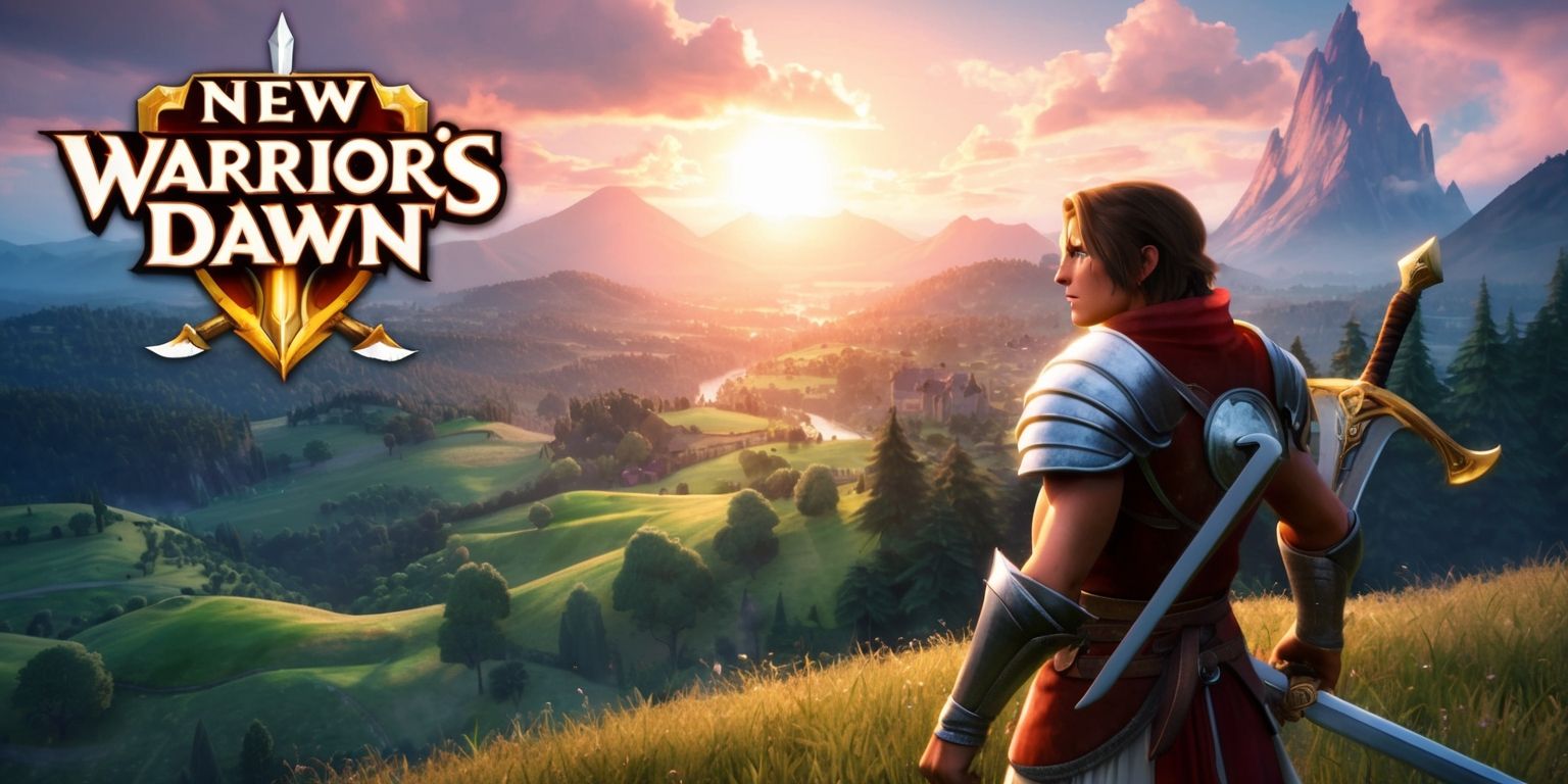A New Warrior's Dawn game, a fantasy role-playing scene with a brave warrior standing at the edge of a cliff, gazing out at a breathtaking sunrise over a mystical landscape with rolling hills, dense forests, and towering mountains in the distance, the warrior is dressed in shining armor with a sword at their side, their facial features determined and strong, with a hint of excitement and anticipation, the atmosphere is filled with a warm golden light, with shades of pink and orange hues, and a few fluffy white clouds scattered across the sky, the overall style is reminiscent of a classic video game with a mix of realistic and stylized elements, the layout is dramatic with the warrior prominently featured in the foreground, and the landscape unfolding in the background, with the game's logo, a stylized shield with a sword and a sunrise motif, emblazoned in bold, golden letters at the top of the scene.