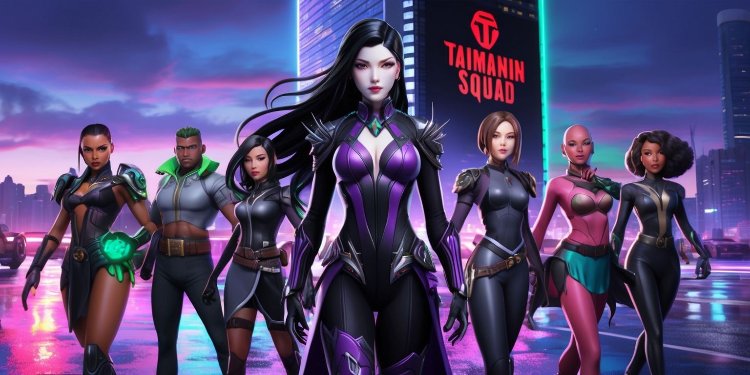 A scenic illustration of characters from the Taimanin Squad game set against a vibrant cityscape at dusk with neon lights reflecting off the wet pavement, the main female protagonist stands confidently in the center, wearing a sleek black and purple costume adorned with intricate metallic accents, her long raven hair flowing behind her, with piercing emerald green eyes and smooth porcelain-like skin, surrounded by her allies, each uniquely designed with their own distinct facial features, skin tones, and striking outfits, in the background, a massive skyscraper looms with the Taimanin Squad logo emblazoned on the side in bold, glowing red letters, the overall mood is dynamic and action-packed, with a blend of dark and vibrant colors that evoke a sense of high-energy adventure.
