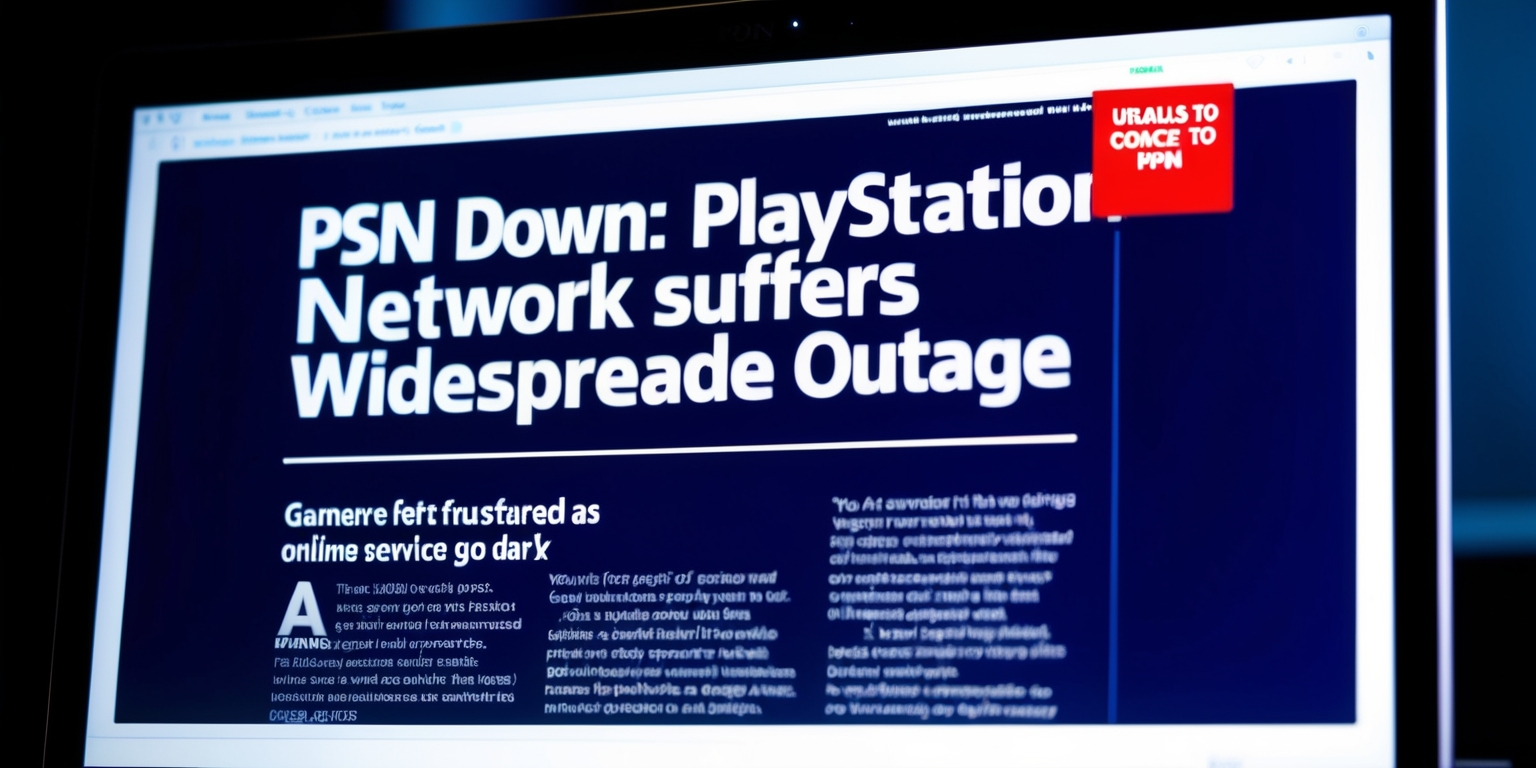 A computer screen displaying a news article on a dark blue background with a bold, white headline reading PSN DOWN: PlayStation Network Suffers Widespread Outage in a modern, sans-serif font, with a smaller subheading Gamers Left Frustrated as Online Services Go Dark in a lighter gray tone. The article's body text is in a clear, readable font with paragraphs separated by thin white lines, detailing the cause and extent of the outage. A red error message box in the top-right corner of the screen reads Unable to Connect to PSN in a bold, red font. The overall aesthetic is sleek and modern, evoking a sense of technology and online connectivity. The screen's edges are slightly worn, giving a hint of wear and tear, and the surrounding environment is dimly lit, with a faint glow emanating from the screen.