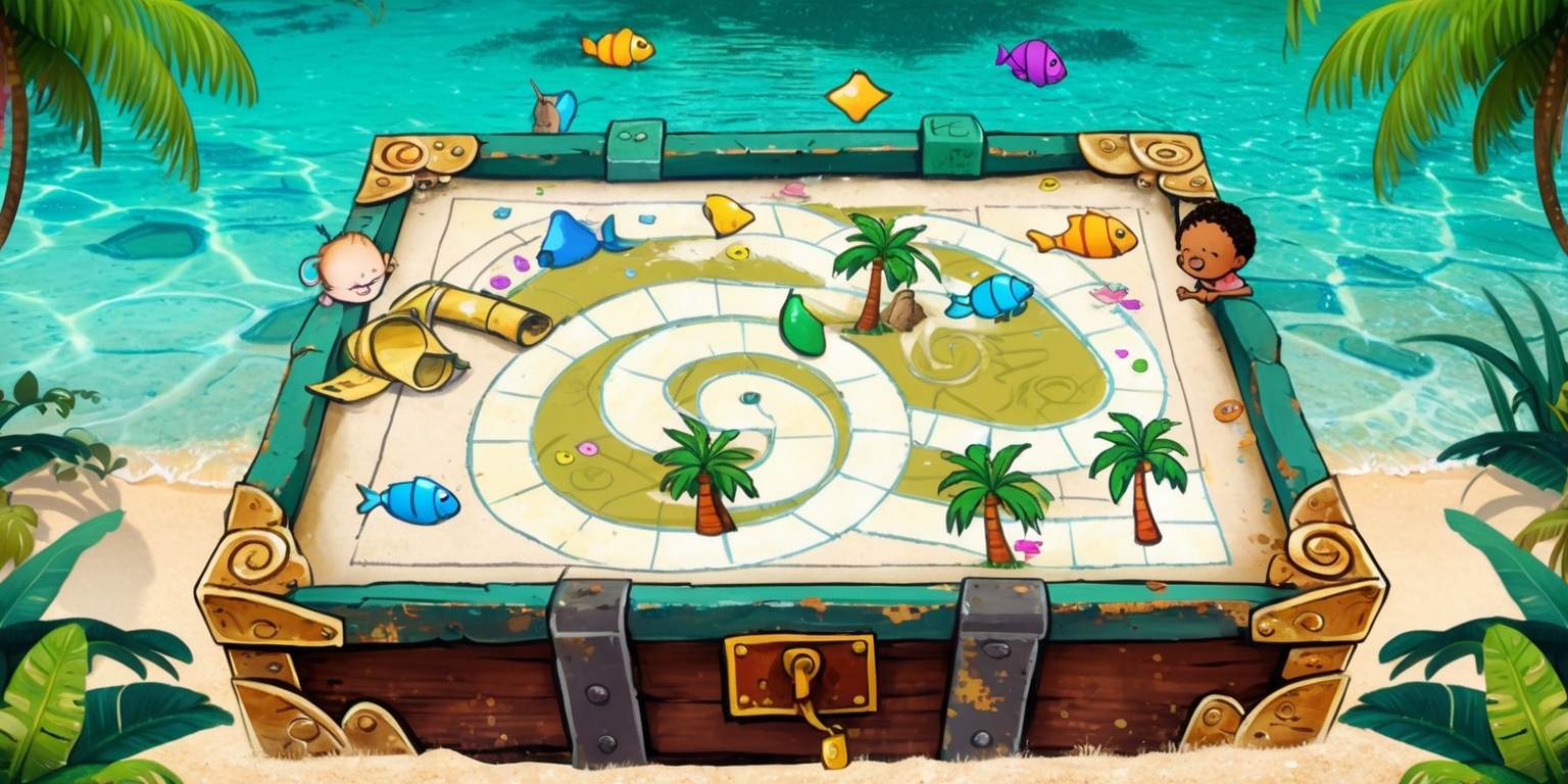 A whimsical, vibrant illustration of a tropical lagoon treasure hunt game, set in a warm, sunny environment with crystal-clear turquoise water and lush green foliage. The game board or playing field is situated on a distressed, aged, wooden chest or treasure map, adorned with intricate, swirling patterns and faint, golden accents. Colorful game pieces, such as seashells, fish, or tiny palm trees, are scattered across the board, alongside rolled-up parchments, glittering jewels, or shiny coins. A few cartoon-like, friendly characters, featuring bright, expressive facial features and diverse skin tones, are engaged in the treasure hunt, perhaps peeking into the chest or examining a map. The overall style is reminiscent of classic, hand-drawn children's book art, with bold lines, dynamic textures, and a dash of magic realism.
