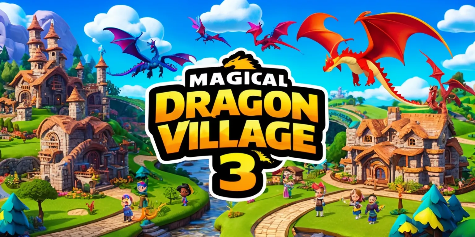 A vibrant digital artwork depicting the magical Dragon Village 3 game, set in a lush fantasy landscape with rolling hills and towering trees, featuring intricate stone buildings and winding pathways, with dragons of various colors and sizes soaring through the sky or perched atop buildings, surrounded by players' avatars with unique clothing and accessories, under a bright blue sky with puffy white clouds, in a stylized cartoonish style with bold lines and textures, with the game's logo prominently displayed in a bold, golden font with a dragon silhouette at its center.