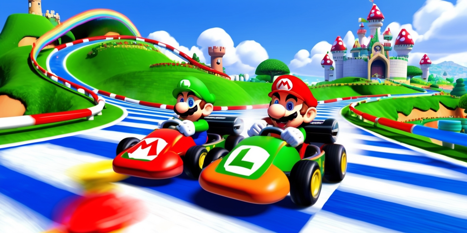 A vibrant and action-packed illustration of Mario Kart World, featuring Mario and Luigi racing on a winding track surrounded by lush green hills and fluffy white clouds, with iconic Mario Kart World landmarks such as the Rainbow Road and the Mushroom Kingdom castle in the background, the track lined with red and blue barriers, and the karts decorated with bright colors and unique designs, Mario's kart is red with a white M logo and Luigi's kart is green with a white L logo, both brothers having big smiles and determined expressions, with a slight blur effect to convey speed and movement, the overall style resembling a mix of retro video game aesthetics and modern digital art, with bold lines, vibrant colors, and playful textures.