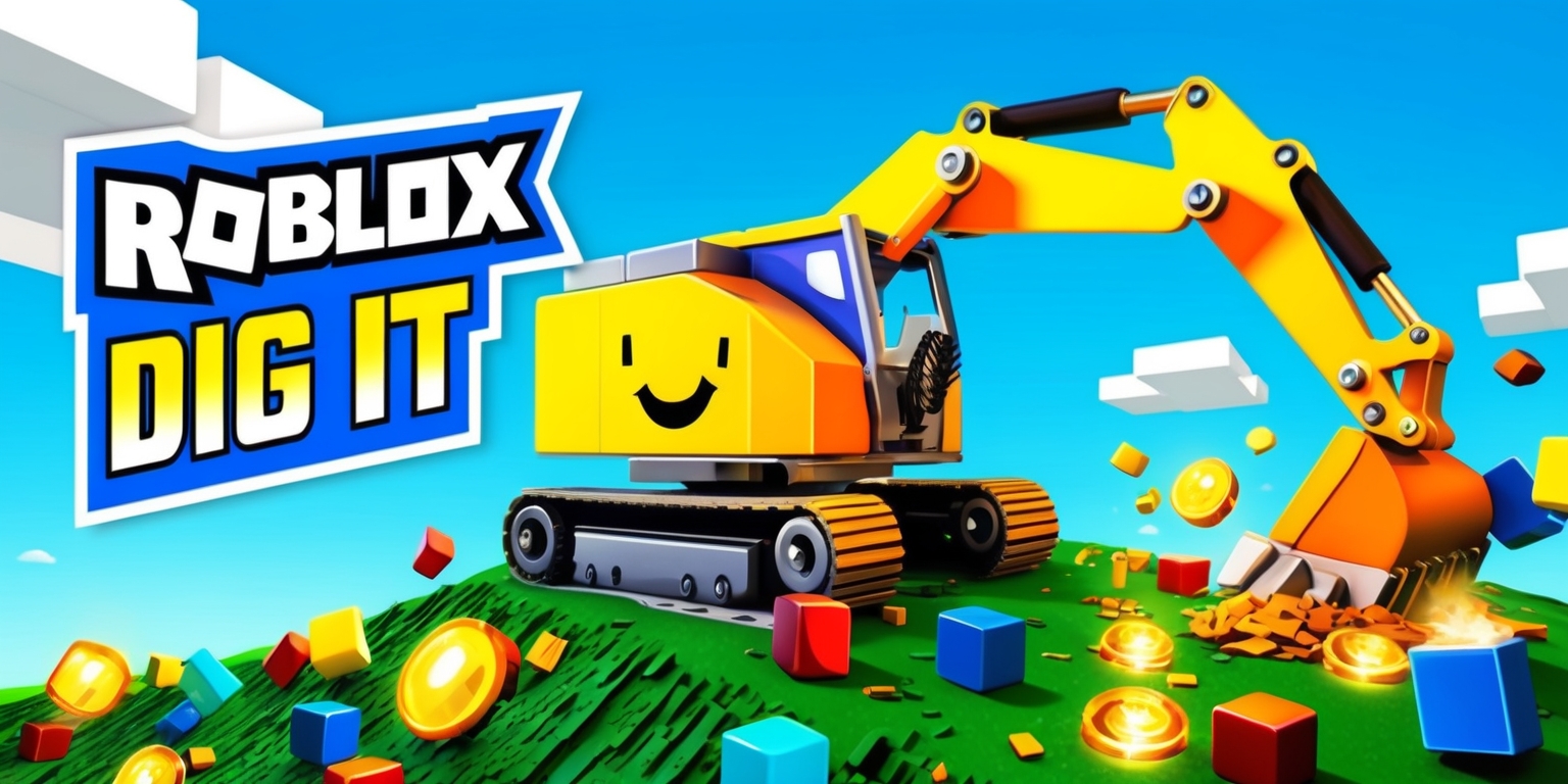 A vibrant, colorful illustration depicting the popular online game Roblox Dig It, set against a bright blue sky with fluffy white clouds. In the foreground, a 3D rendered excavator, inspired by game's blocky aesthetic, is digging into a hill filled with colorful blocks, gems, and treasures. The excavator's body is a bright yellow orange, with metallic gray accents, and a smiley face on the front. The hillside is lush green with various textures, and the blocks and gems are scattered throughout, emitting a warm glow. The game's logo, featuring bold, blocky letters in a bright blue and white color scheme, is prominently displayed in the top-left corner of the image. The illustration style is reminiscent of Roblox's signature look, with bold lines, solid colors, and a mix of realistic and cartoonish elements.