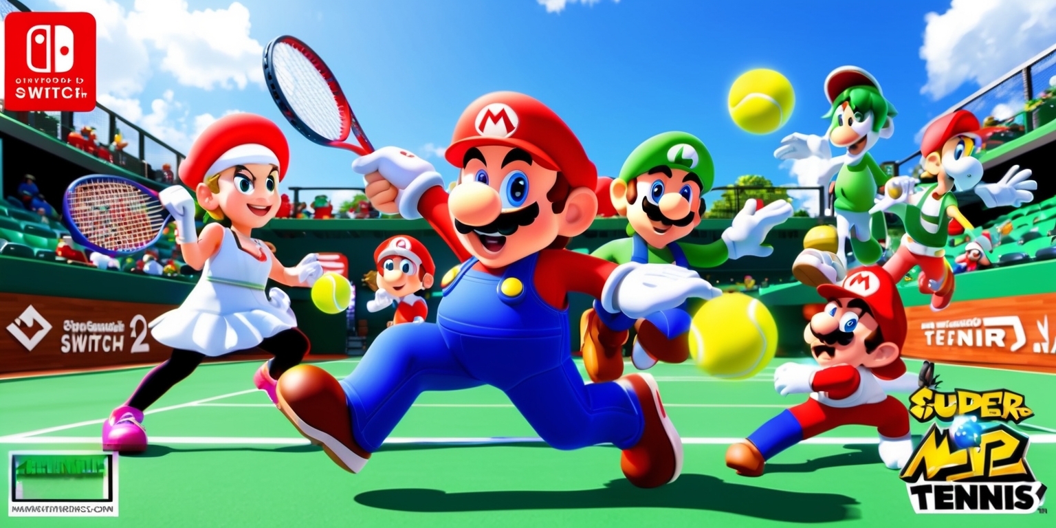 A vibrant and colorful advertisement for the Super Mario Tennis game on the Nintendo Switch 2, featuring Mario and his friends playing a lively tennis match, with detailed facial expressions, bright skin colors, and unique attributes, such as Mario's red hat and blue overalls, set against a lush green tennis court with a clear blue sky, incorporating dynamic typography and logos, including the Nintendo Switch 2 logo, in a bold, modern style, with a mix of warm and cool colors, and a layout that emphasizes the excitement and energy of the game, with Mario and his friends in various action-packed poses, highlighting the fun and competitive spirit of the game.