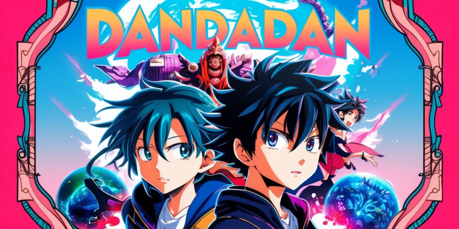 A vibrant and dynamic anime-style illustration of the cover art for Dandadan, featuring a bold and striking color palette with a mix of pastel hues and deep saturated tones, set against a bright blue or pink background with subtle gradient effects. The main characters, a boy and a girl with distinctive hairstyles and expressive facial features, are prominently displayed in the center, surrounded by supernatural or magical elements such as glowing orbs, mystical creatures, or ancient artifacts. The anime-inspired aesthetic is exaggerated with dramatic poses, dynamic lines, and energetic character designs. The title Dandadan is emblazoned across the top in bold, stylized Japanese font with a metallic sheen, while the overall composition is framed by ornate borders or intricate patterns that evoke a sense of mystery and otherworldliness.