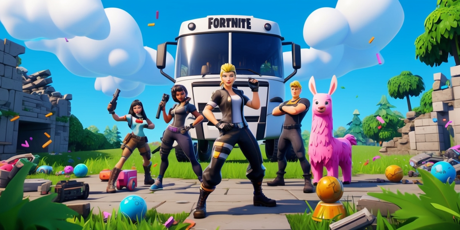 A vibrant and action-packed digital illustration of the popular Fortnite game, set against a bright blue sky with fluffy white clouds, featuring a ensemble of diverse characters, including a determined-looking female gamer with black hair and brown skin, a male gamer with blonde hair and a cheerful grin, and a quirky-looking llama piñata, all posing heroically in front of a massive, futuristic battle bus, with scattered loot and colorful explosives littering the grounds, surrounded by fragments of building ruins and dense foliage, exuding a sense of fun, excitement, and adventure, with bold lines, dynamic textures, and a mix of pastel and neon colors, blending cartoonish and realistic styles, evoking a sense of nostalgia and modern gaming culture.