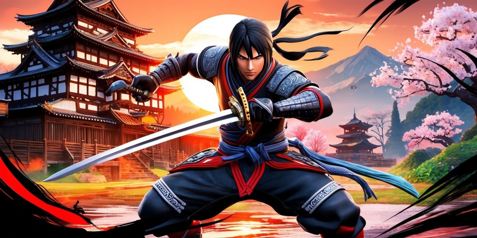 A vibrant and dynamic illustration of the Ninja Gaiden 4 game, featuring the protagonist Ryu Hayabusa in a powerful stance, with a richly detailed background of a feudal Japanese castle, illuminated by a warm orange sunset, with subtle hints of cherry blossom trees and majestic mountains in the distance, the character's sharp ninja sword at the ready, clad in a sleek black ninja costume, with intricate designs and armor accents, set against a stunning visual landscape with a mix of traditional Japanese architecture and lush greenery, blending action, adventure, and fantasy elements, with bold lines, vivid colors, and a sense of intense energy and movement, capturing the essence of the game's fast-paced ninja combat and stealth gameplay.