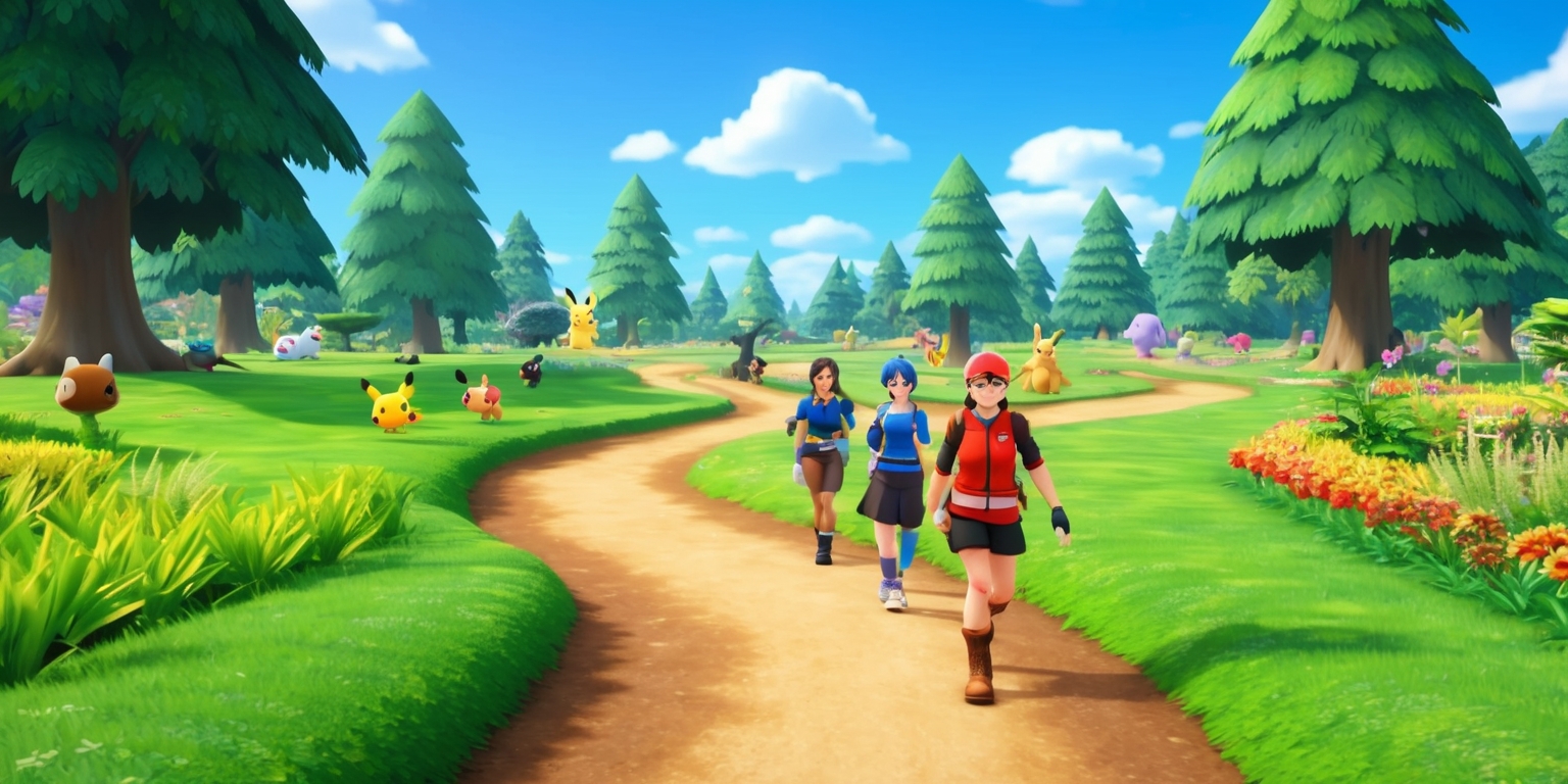 A vibrant and dynamic scene depicting the Wild Zone 9 area in a Pokémon game, with lush green grass and tall trees surrounding a winding dirt path, various wild Pokémon roaming freely in the distance, and a few trainers with unique facial features and skin colors, dressed in adventurous attire, walking along the path, set against a clear blue sky with a few puffy white clouds, and filled with an array of colorful flowers and plants, with the Pokémon game's distinct visual style and aesthetic, and a sense of excitement and discovery, with the area's layout and framing showcasing the beauty of the natural environment and the thrill of the Pokémon adventure.