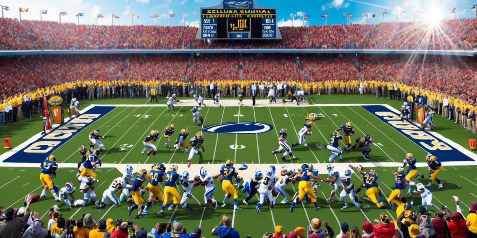 A vibrant and action-packed scene of a college football game with 26 players on the field, set against a backdrop of a large stadium filled with cheering crowds, the atmosphere is electric with a bright sun shining down, the players wear colorful jerseys and helmets, the grass is a lush green, the goalposts stand tall, and the scoreboard displays the game's progress, the scene is full of energy and movement, with players running, tackling, and throwing the ball, the coaches stand on the sidelines, guiding their teams, the crowd is a mix of students, alumni, and fans, all cheering and waving signs, the overall mood is one of excitement and competition.