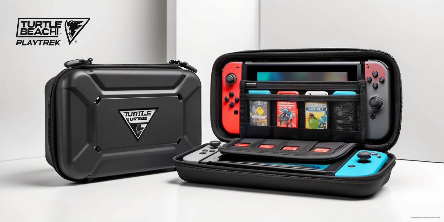 A detailed product image of the Turtle Beach PlayTrek 2-in-1 case, a sturdy storage and transportation accessory designed for the Nintendo Switch and its peripherals, with the case open to reveal its organized interior, showcasing the Switch console, games, and other accessories neatly stored, against a clean and simple background, with the Turtle Beach logo prominently displayed on the case in a bold, modern font, and the Nintendo Switch console and accessories in their official colors, with the overall aesthetic conveying a sense of durability, convenience, and gaming enthusiasm.